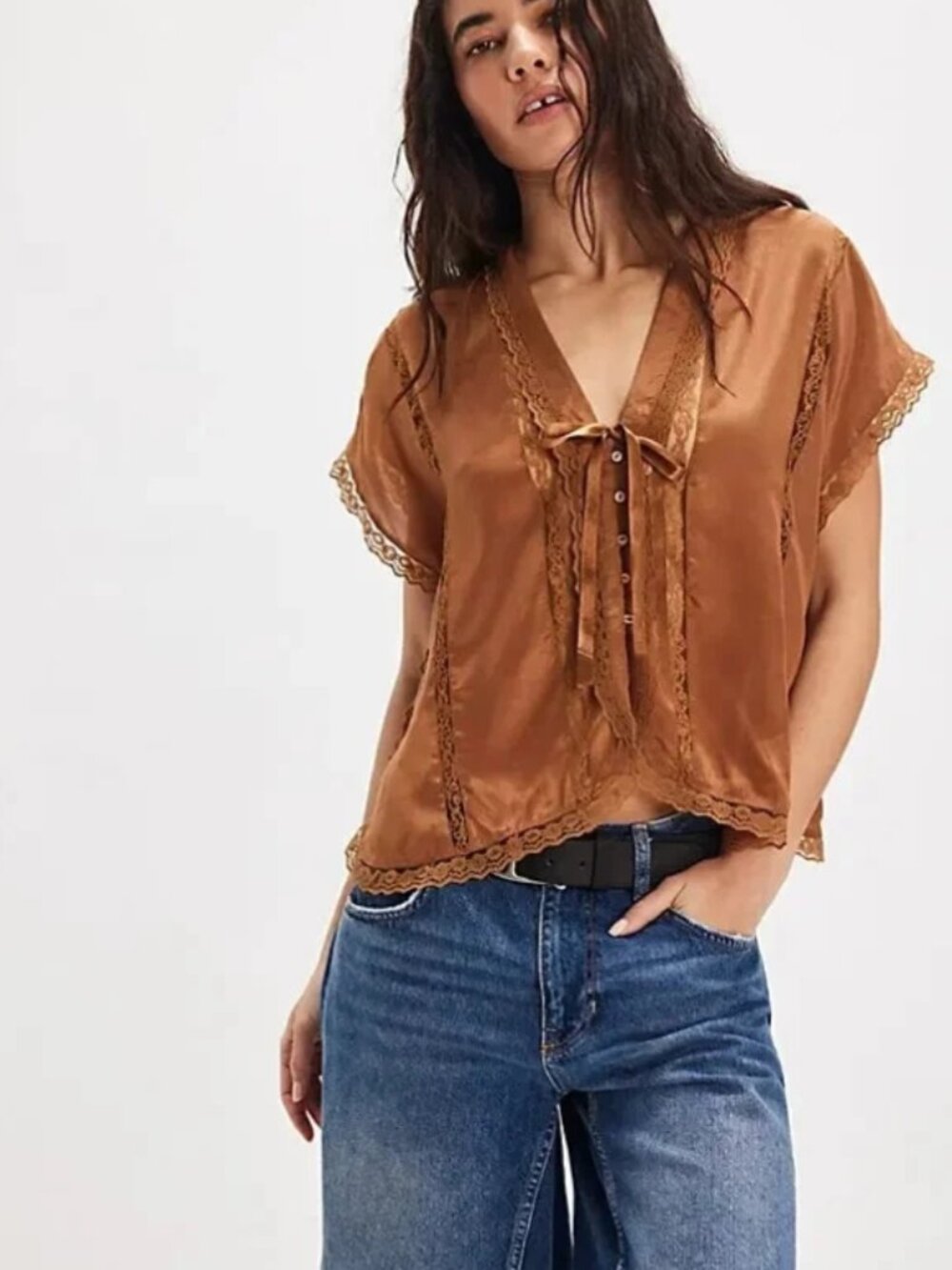 Free People Marigold Shine Lace Top Buttondown Lace Holiday Toffee XS